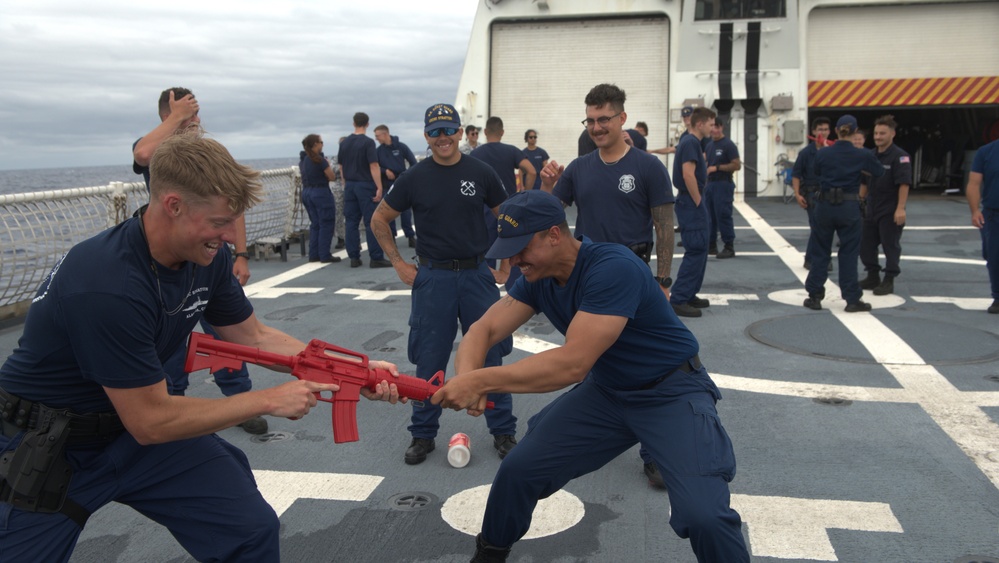 Members of the Legend-class USCGC Stratton take part in law enforcement training in the East China Sea