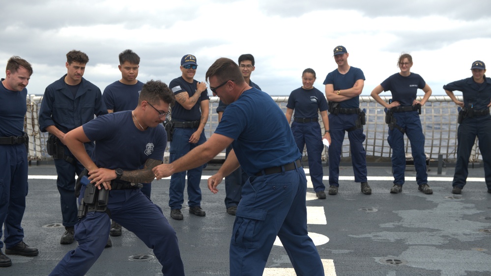 Members of the Legend-class USCGC Stratton take part in law enforcement training in the East China Sea