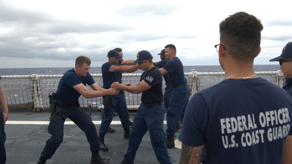 Members of the Legend-class USCGC Stratton take part in law enforcement training in the East China Sea