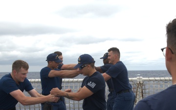 Members of the Legend-class USCGC Stratton take part in law enforcement training in the East China Sea
