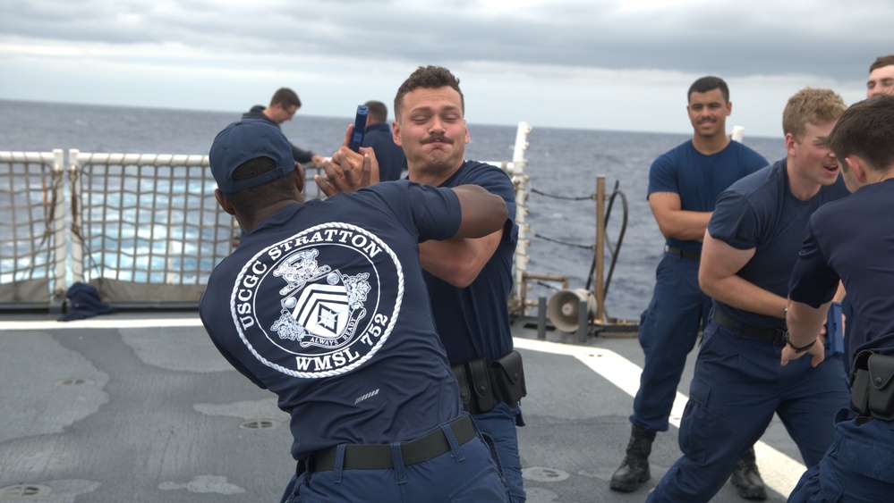 Members of the Legend-class USCGC Stratton take part in law enforcement training in the East China Sea