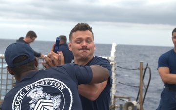 Members of the Legend-class USCGC Stratton take part in law enforcement training in the East China Sea