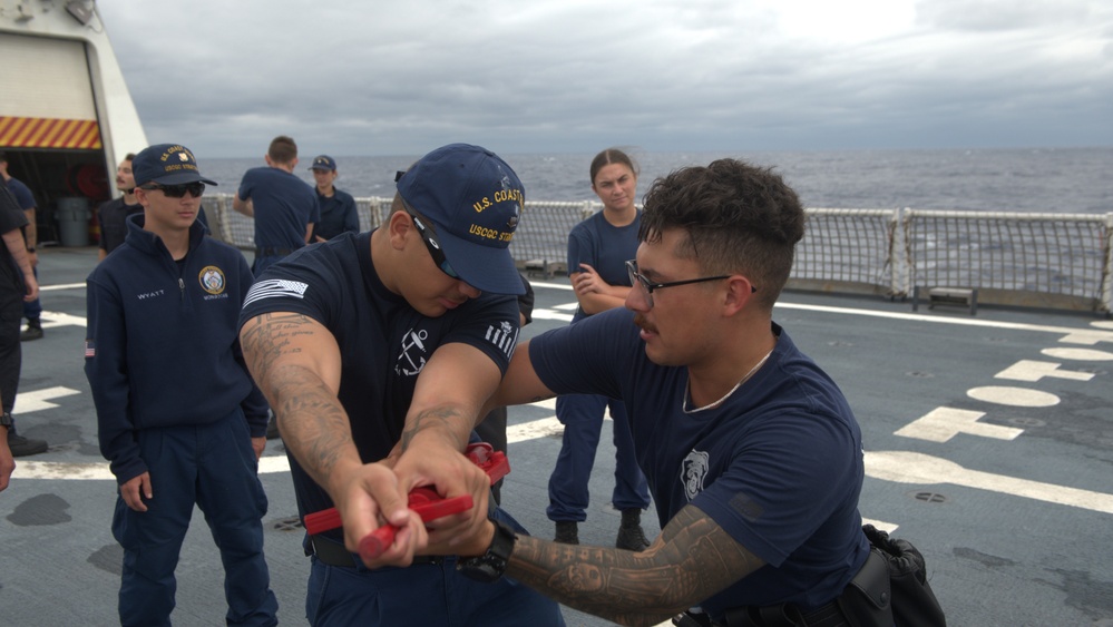 Members of the Legend-class USCGC Stratton take part in law enforcement training in the East China Sea