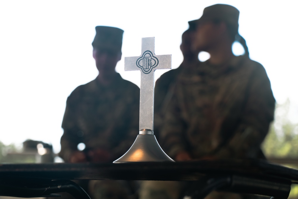 Iowa Army National Guard Soldiers attend a Sunday chapel service
