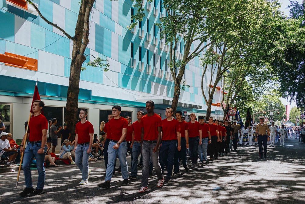 Marines and Sailors Participate in the Grand Floral Parade during Portland Fleet Week