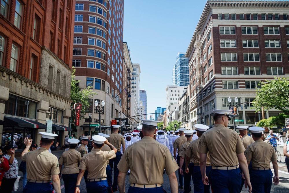 Marines and Sailors Participate in the Grand Floral Parade during Portland Fleet Week