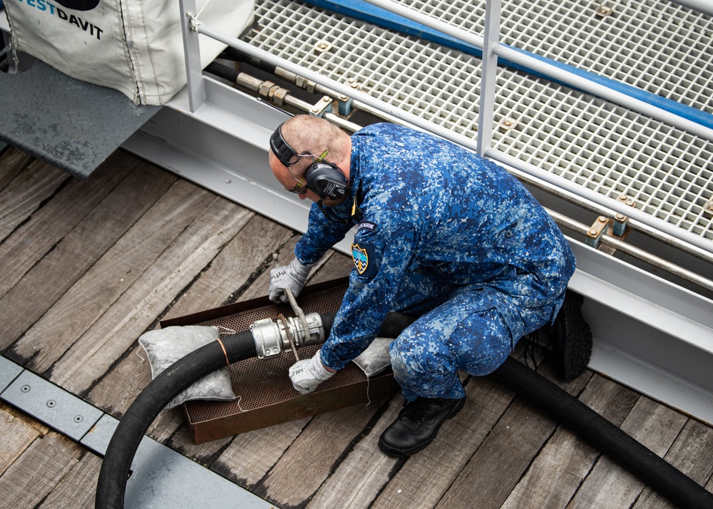 Estonian minehunter Sakala receives a refueling at sea during BALTOPS 25