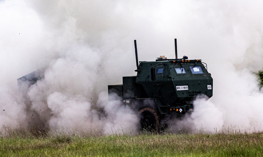 1-181st Field Artillery Regiment fires HIMARS