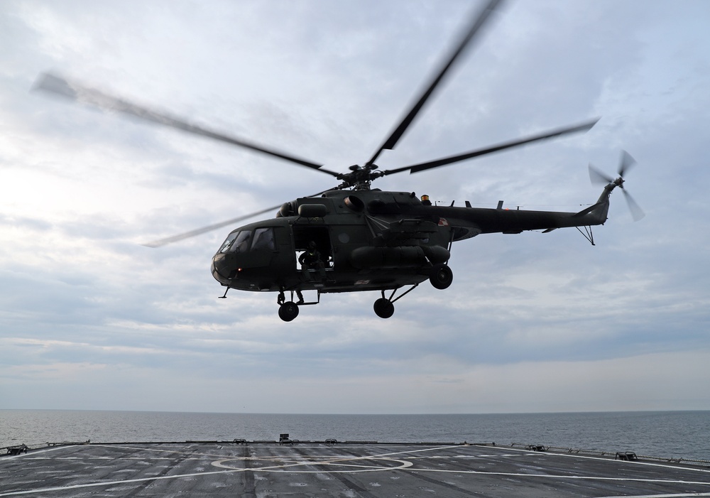 MI-17 Polish Special Operations Squadron Helo Conducts Deck Landing Qualifications (DLQs)