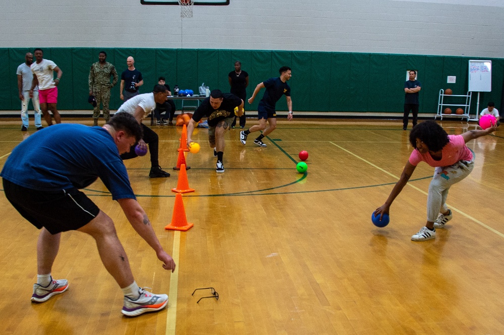 USS Ronald Reagan (CVN 76) Sailors compete in a dodgeball game