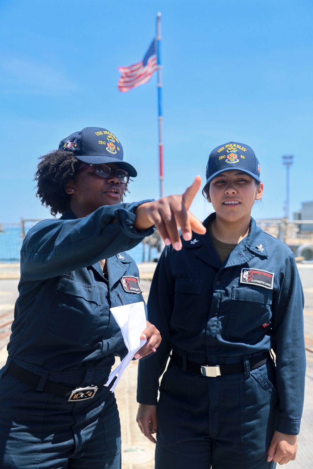 YN3 Briahna Thomas and IT2 Katheryn Lopez conduct line handling training