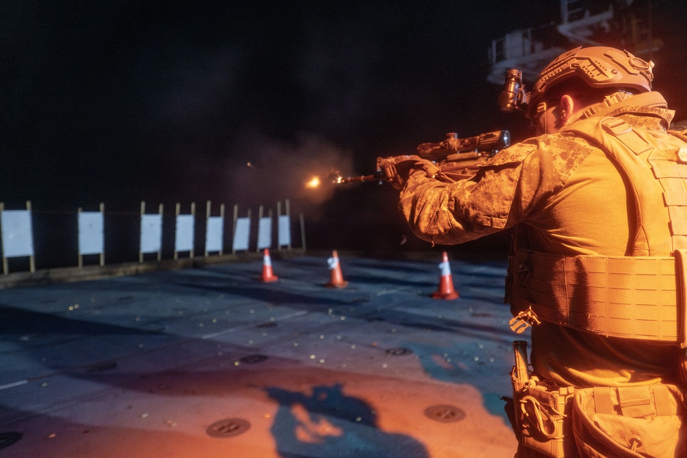 Marines aboard USS America (LHA 6) Conduct Deck Shoot