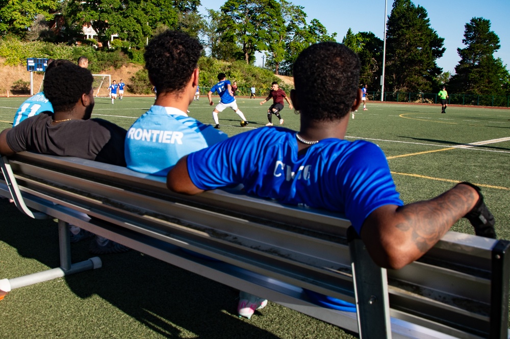 USS Ronald Reagan (CVN 76) Sailors compete in a soccer match