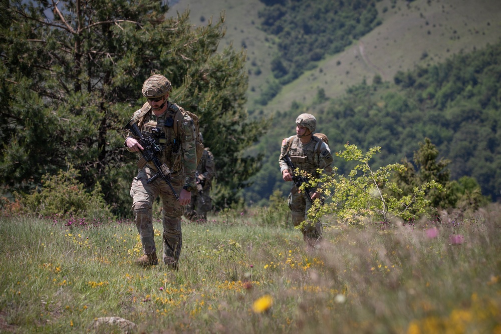 U.S. Soldiers assigned to the NATO-led KFOR mission conduct routine security patrol
