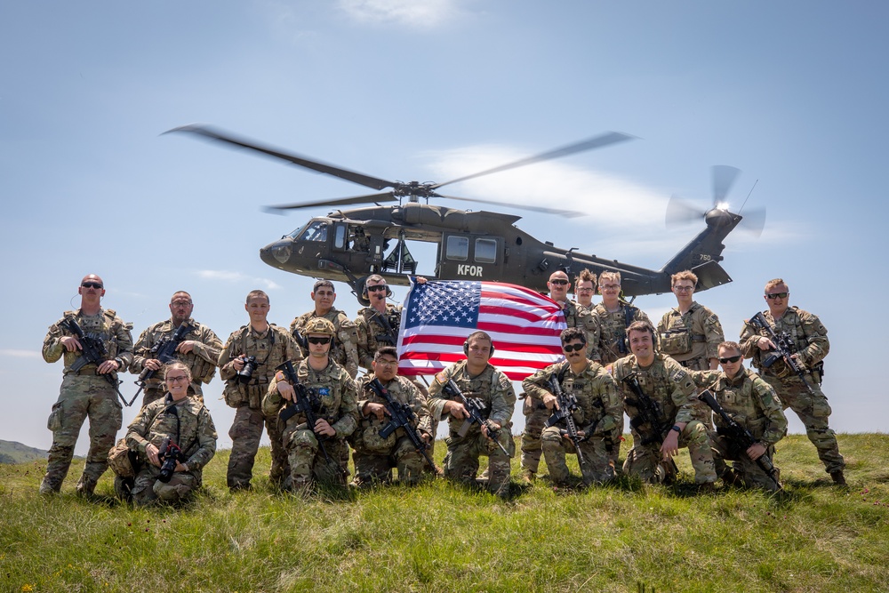 U.S. Soldiers assigned to the NATO-led KFOR mission conduct routine security patrol