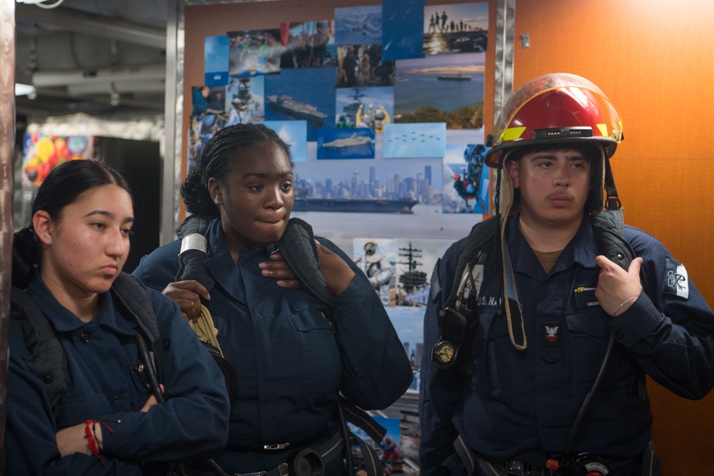 Sailors train for toxic gas aboard USS Ronald Reagan (CVN 76)
