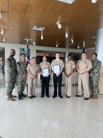 FORT BELVOIR, Va. (June 3, 2025) Hospital Corpsmen (HM) assigned to Navy Medicine and Readiness Training Command (NMRTC)-Fort Belvoir get frocked to HM2.