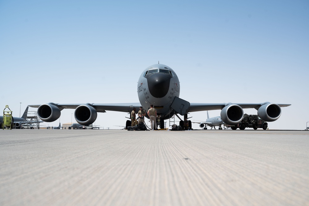 The KC-135 Stratotanker defuels