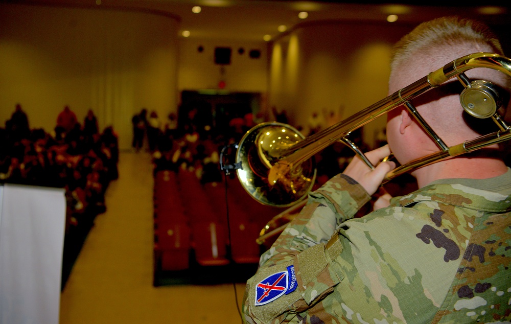 Soldiers and Army musicians celebrate Army 250th Birthday with students