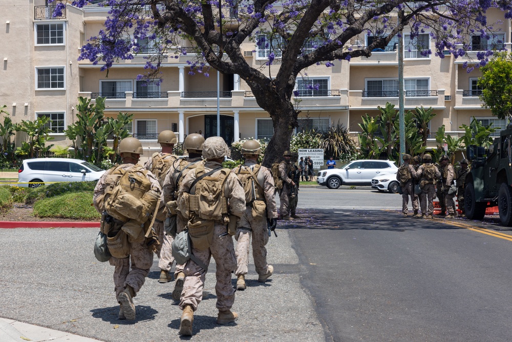 U.S. Marines, California Army National Guard stand watch at federal building