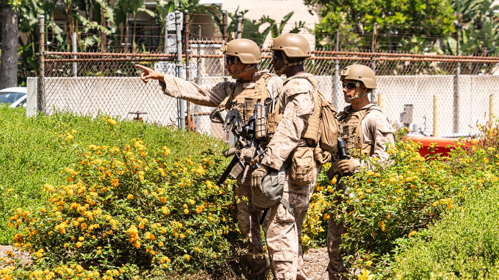Marines provide protection to the Wilshire federal building