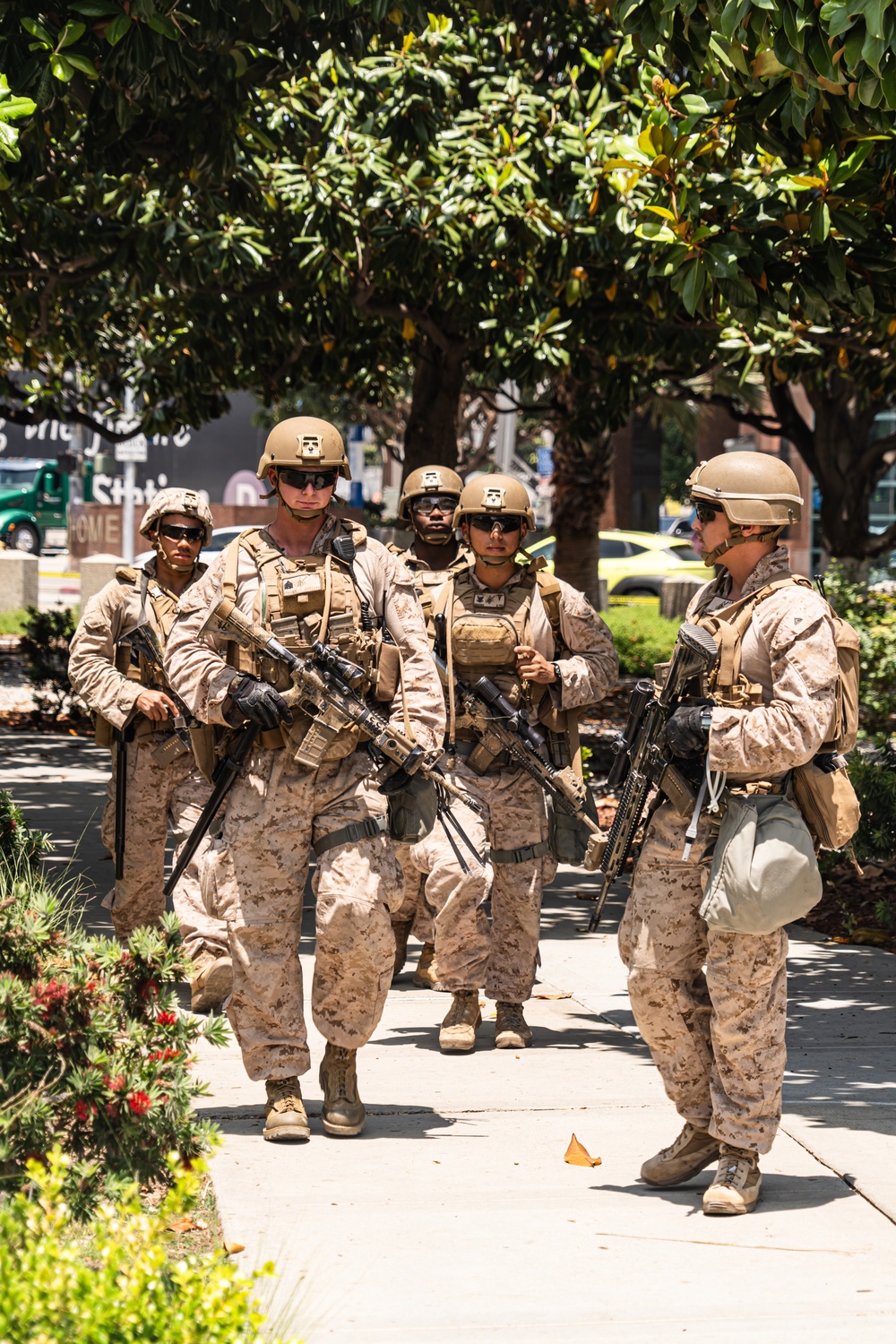 U.S. Marines provide protection to the Wilshire federal building