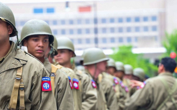 Paratroopers don historical uniforms for Army 250th Birthday Parade