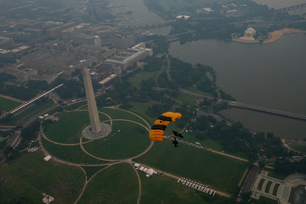 U.S. Army Parachute Team jumps for Army 250th Birthday Parade
