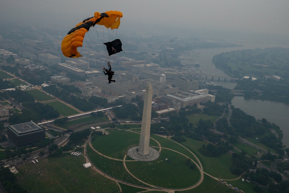U.S. Army Parachute Team jumps for Army 250th Birthday Parade