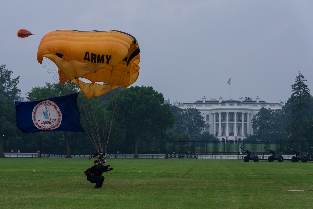 U.S. Army Parachute Team jumps for Army 250th Birthday Parade