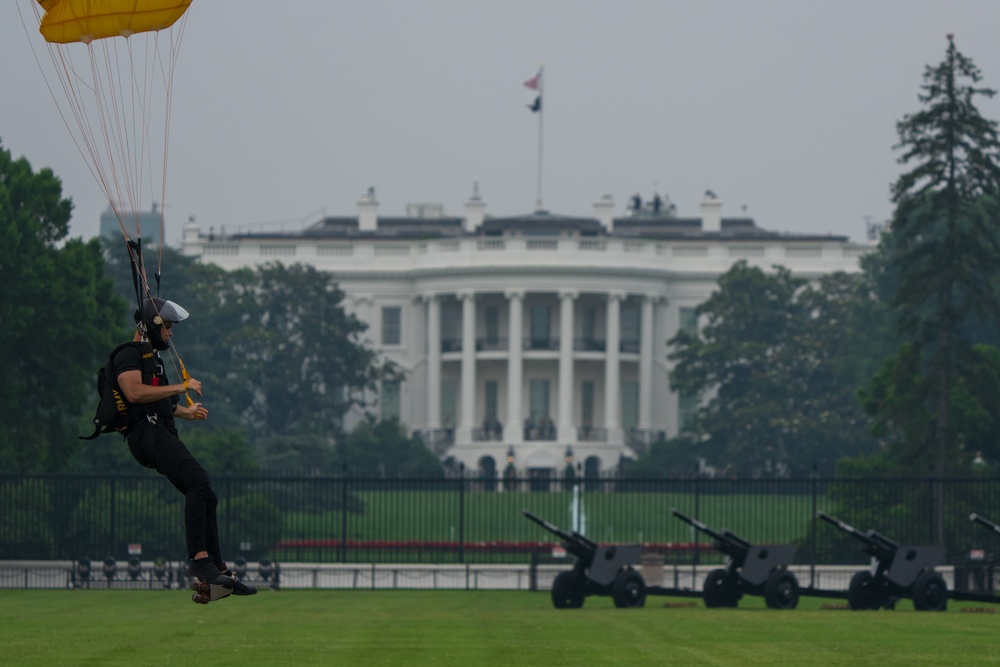 U.S. Army Parachute Team jumps for Army 250th Birthday Parade