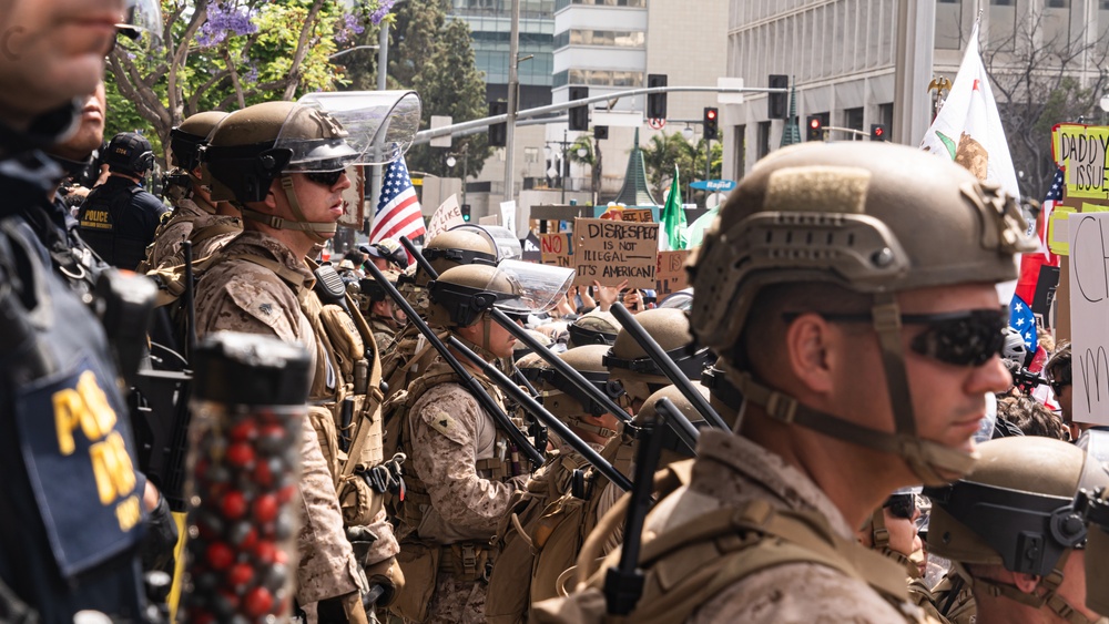 U.S. Soldiers and U.S. Marines provide protection to federal building