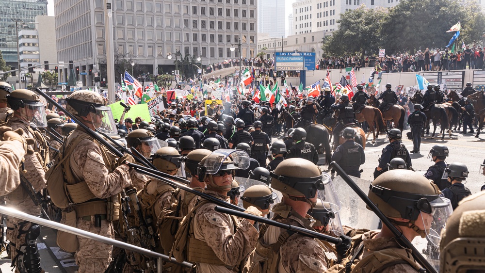 U.S. Soldiers and U.S. Marines provide protection to federal building