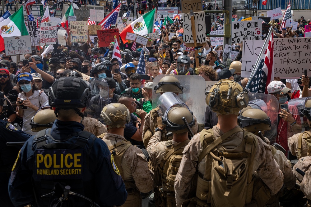 U.S. Marines, California Army National Guard, Department of Homeland Security guard federal building