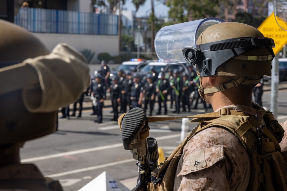 U.S. Marines, California Army National Guard, Department of Homeland Security guard federal building