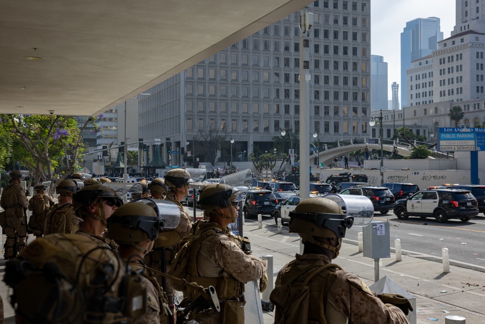 U.S. Marines, California Army National Guard, Department of Homeland Security guard federal building