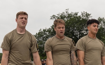 U.S. Army soldiers with the 11th Cyber Battalion, 780th Military Intelligence Brigade, Army Cyber Command, participate in a fitness competition during the Army's 250th Birthday Festival