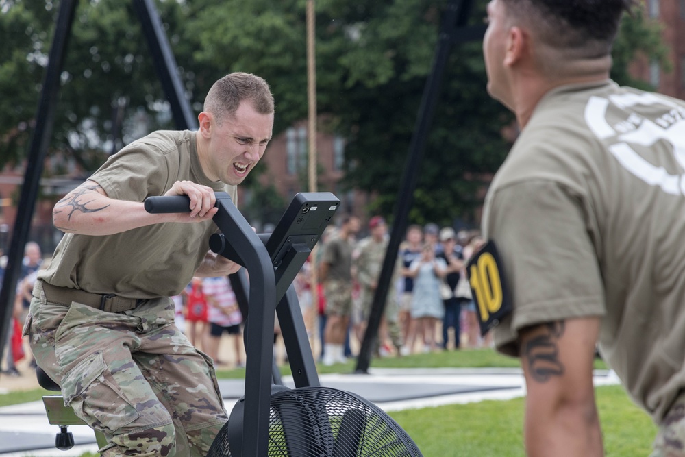 U.S. Spc. Gonzales, Oscar with 11th Cyber Battalion, 780th Military Intelligence Brigade, Army Cyber Command, participate in a fitness competition during the Army's 250th Birthday Festival
