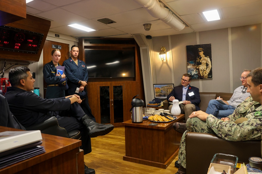 Cmdr. Arturo Trejo gives opening remarks during a pier-side tour