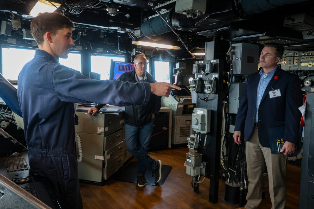 Lt. Potter Seibels gives a tour of the USS Bulkeley pilot house