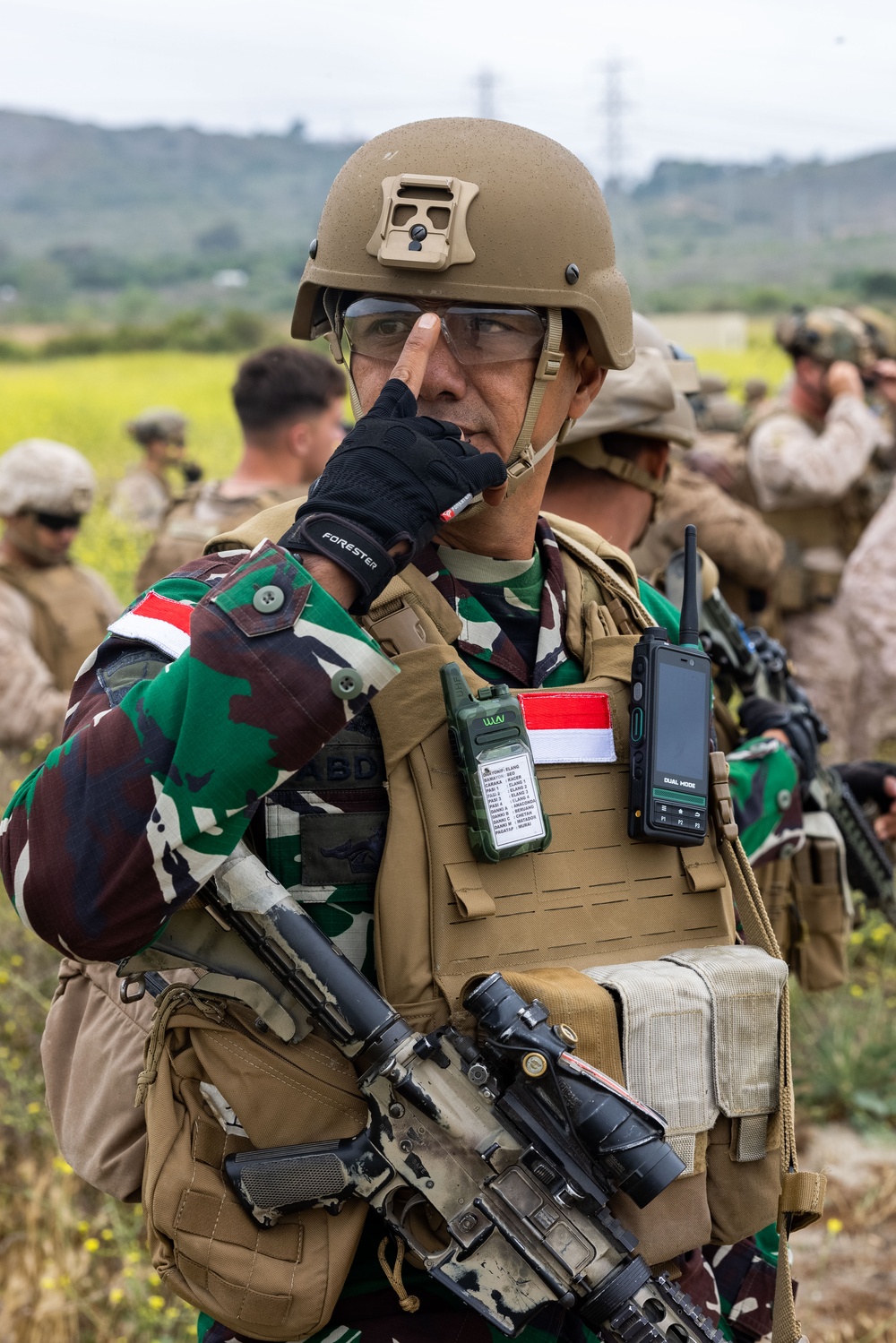 U.S. Marines and Indonesian Korps Marinir perform air raids at the infantry immersion trainer