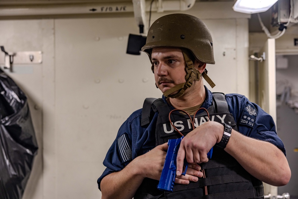 Sailors Respond During an Anti-terrorism Training aboard USS Ralph Johnson