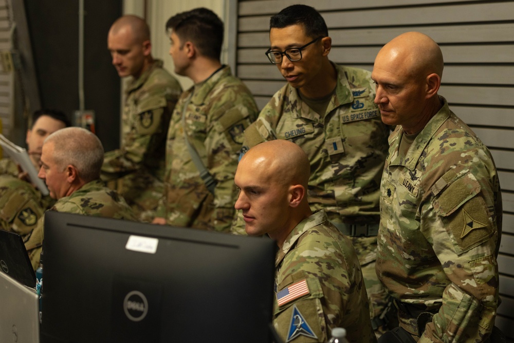 U.S. Space Force, 53rd Space Operation, and U.S. Army Lt. Col. Jack Myers, III Armored Corps review space operations during Warfighter 25-4
