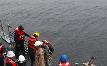 Sailors aboard the USS John Finn conduct an ammo onload in Yokosuka, Japan