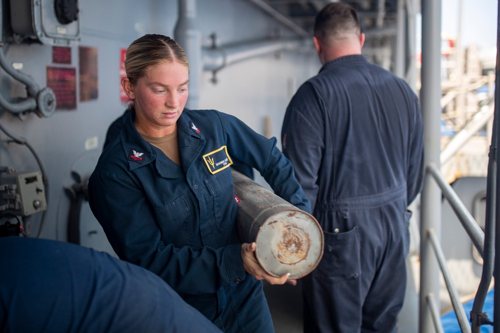 Sailors Reload Chaff Launchers Aboard USS Tripoli