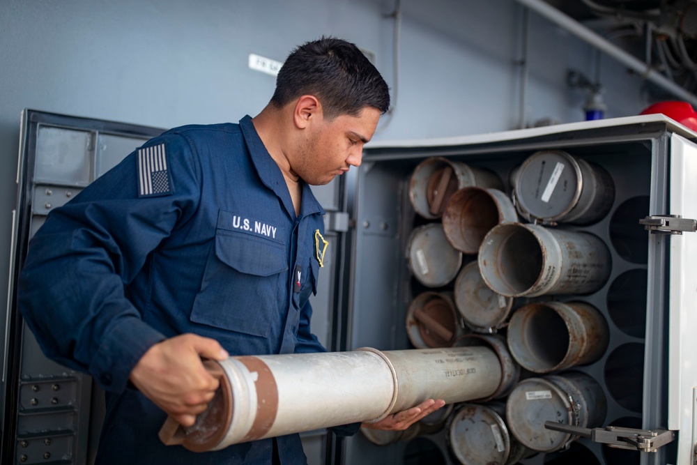 Sailors Reload Chaff Launchers Aboard USS Tripoli