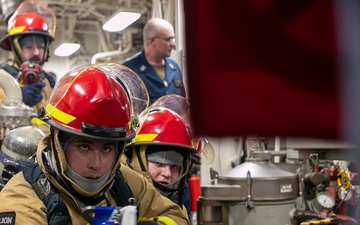 USS Tripoli Conducts Main Space Fire Drill