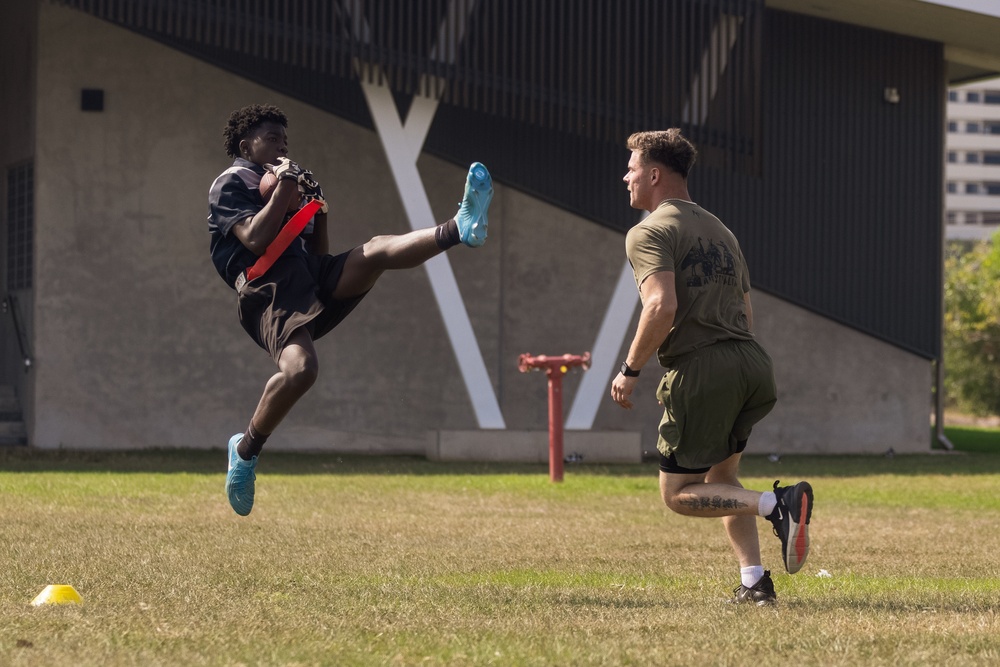 MRF-D 25.3: Marines and Sailors coach a flag football team from Darwin Middle School