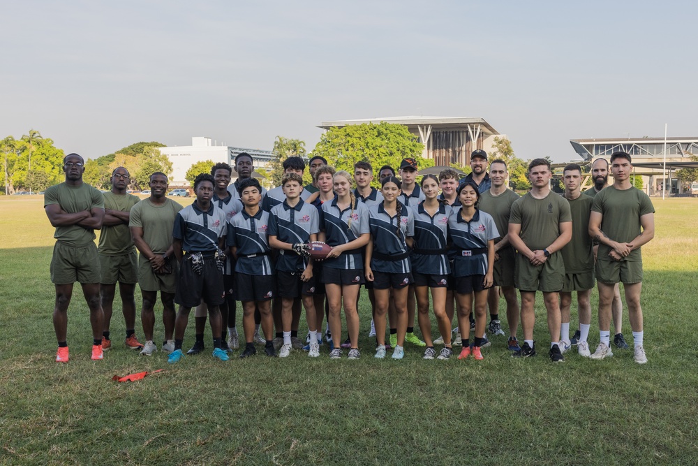 MRF-D 25.3: Marines and Sailors coach a flag football team from Darwin Middle School