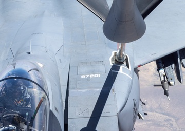 KC-135 Stratotanker refuels F-15E Strike Eagle